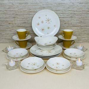 Vintage Royal China Star Glow Pattern Dinnerware for 4- Gold Atomic Stars  Made in USA- MCM
