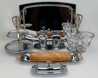 Vintage Kromex MCM- Vogue Serving Pieces - Bread Tray, Creamer/Sugar Set, Butter Dish, Tri Glass Server, Rectangle Tray, 2 Tier Tidbit Tray