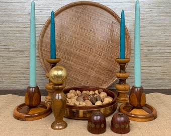 Vintage Collection of Assorted Wood - (Myrtlewood, Walnut)  Candle Holders and 1 Solid Wood Bowl