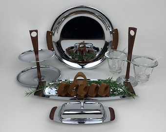 Patrón Vintage Kromex "Mode" (Mango de madera) Piezas de servicio de cromo / madera