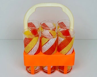 Vintage Libbey Orange, Yellow, White Swirl-Weave Ice Tea Beverage Glassware - 6 Count, with Orange/White - Plastic Beverage Caddy