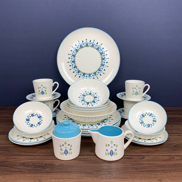 Vintage Marcrest Stetson Swiss Alpine - 24 Piece Dinnerware Set for 4 Dining Guests, 6 Pieces per Guest, Plus Serving Pieces Made In USA