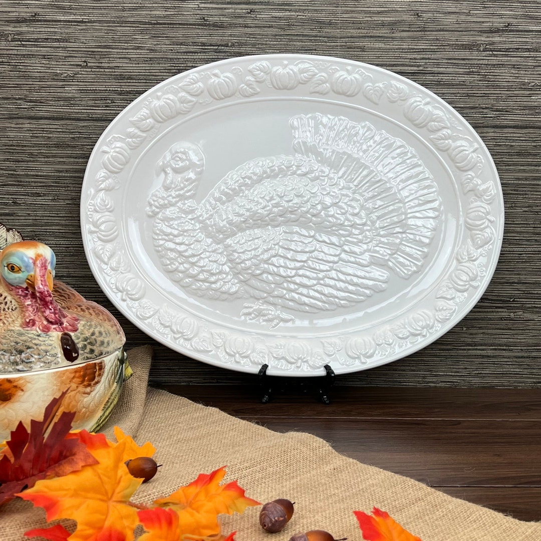Vintage White Ceramic Turkey Platter by Over and Back Inc. Etsy