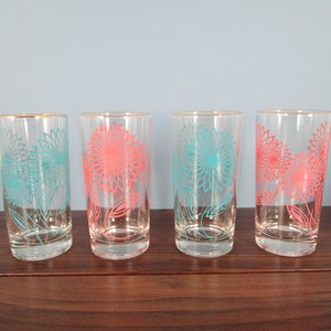 Vintage Beverage Glasses of Pink and Blue Flowers, Heavy Bottom, Rimmed Top