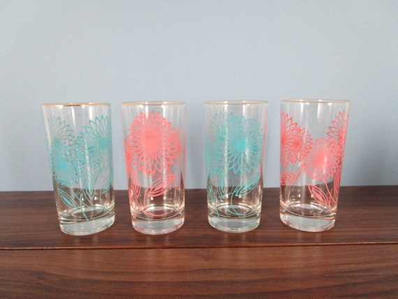 Vintage Beverage Glasses of Pink and Blue Flowers, Heavy Bottom