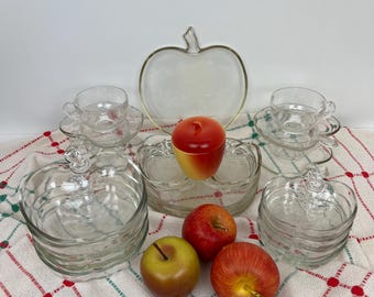 Vintage "Orchard" - Apple Shape Clear Dinnerware Set - By Hazel Atlas, Apple Jar, 4 Apple Glasses