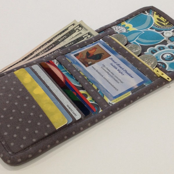 Womens Wallet, Credit Card Wallet, Handmade Billfold Wallet, Wallet for Women with Yellow Grey and Blue , Billfold, Wallet, Id Wallet