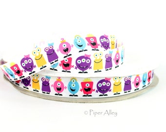Monster Mash Up 7/8" Ribbon 5 yards | Grosgrain White with Happy Face Monsters in Pink Purple Blue Yellow