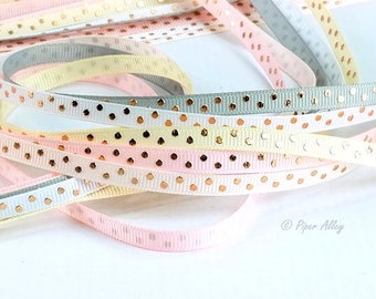 Rose Gold Dot, 1/4" Narrow Ribbon, Romantic Vintage Colors, 5 yards - Tiny Ribbon in Pink, Silver, Cream, White, Blush