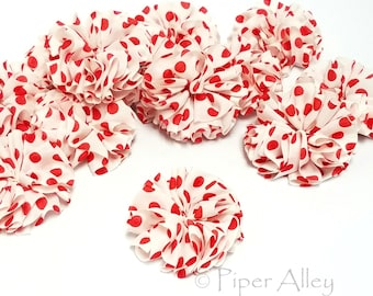 Red Polka Dot Flower, White Chiffon Pouf Twirl,  2.5" Small Fabric Flower, Set of 2 or 6