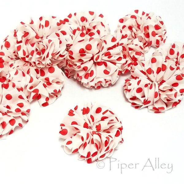 Red Polka Dot Flower, White Chiffon Pouf Twirl,  2.5" Small Fabric Flower, Set of 2 or 6