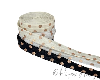 Rose Gold Dot Elastic 5 Yards | Black White Ivory | 5/8" Fold Over Elastic Trim | DIY Headbands Sewing Crafts