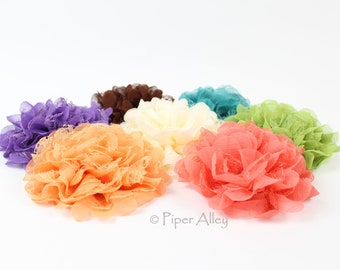 Big Chiffon & Lace Flower, Large 5" Shabby Chic Fabric Flower, Lots of Colors - Peach, Coral, Lime, Purple, Ivory, Brown