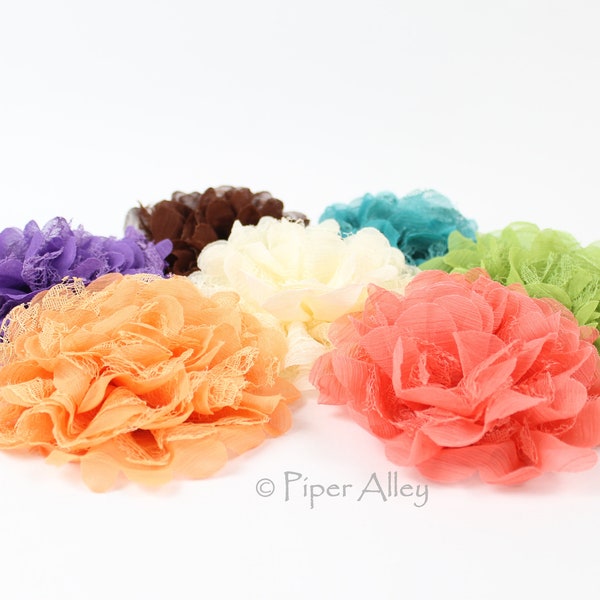 Big Chiffon & Lace Flower, Large 5" Shabby Chic Fabric Flower, Lots of Colors - Peach, Coral, Lime, Purple, Ivory, Brown