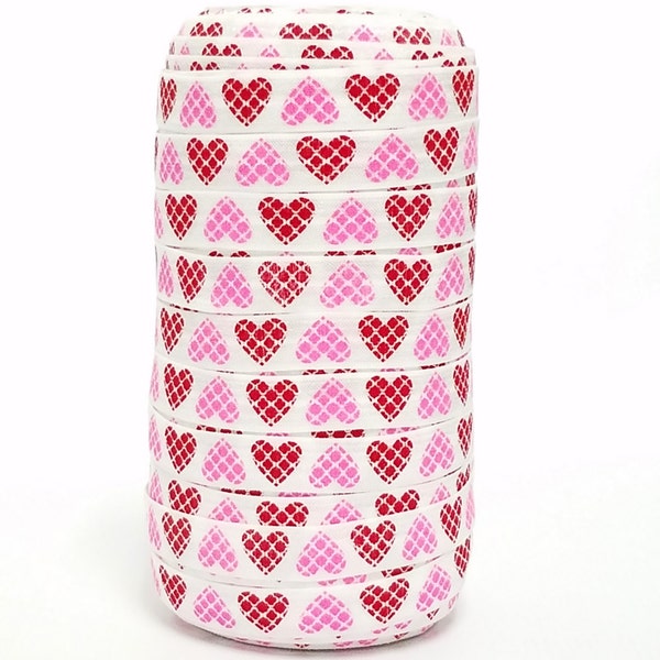 Heart Elastic, Pink Red Heart FOE, Quatrefoil Print Heart, 5/8" Fold Over Elastic, 5 Yards, Headband Supplies Valentines