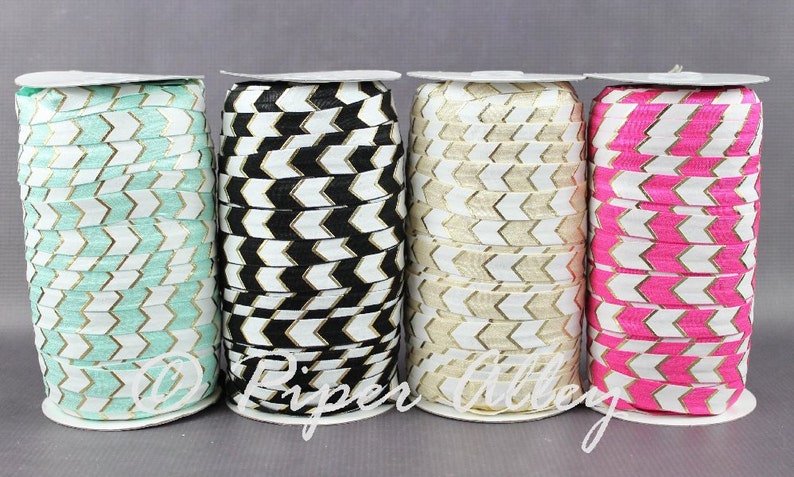 DIY Headband Supplies Gold Foil Chevron 5 yards Metallic Gold /& White Shocking Pink FOE Wide Arrow Elastic- 58 Fold Over Elastic