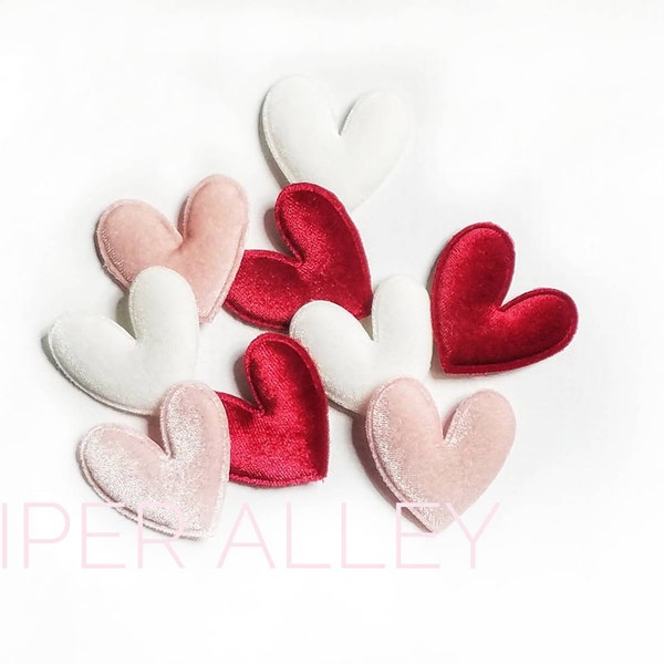 Velvet Heart, Padded Applique, Red Pink or White, 1.75 inches, Valentine Hearts, 3 or 8 pack