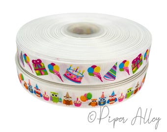 BiRtHdAy Ribbon 5 Yards | Party or Owls | 7/8 inch White Grosgrain | DIY Hair Bow Making Supplies, Parties, Gift Bows