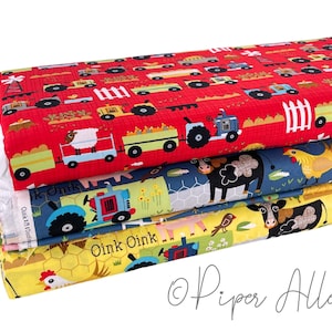 Oink A Doodle Moo Cotton Fabric | MODA Fabrics | Farm Animal Tractor | Quilting Cotton 100% | Red Yellow Blue
