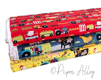 Oink A Doodle Moo Cotton Fabric | MODA Fabrics | Farm Animal Tractor | Quilting Cotton 100% | Red Yellow Blue
