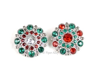 Vintage Christmas Rhinestone Button | Red Green Clear Sparkle | 28mm Acrylic Button Shank Silver Setting | DIY Bow or Flower Embellishment