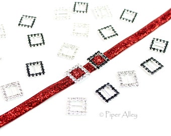 Square Ribbon Slider Santa Belt Buckle | Crystal Rhinestone | 15mm Fits 3/8" ribbon | Set of 2, 5, 10 or 20