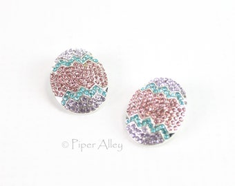 Easter Egg Rhinestone Slider, Crystal Button in Pink, Turquoise, Purple Chevron, Set of 2