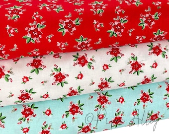 Pixie Noel Red Floral Fabric |  Riley Blake | Red White Aqua | 100% Quilting Cotton