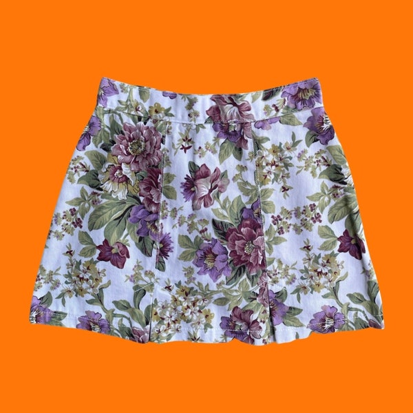 90's vintage white denim victorian floral print high waisted pleated mini skirt XS Size 5 Bongo