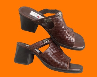 90's vintage brown woven leather upper square toe embellished block heel chunky heeled sandal mules Size 7.5 pesaro