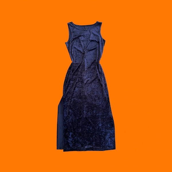 90's vintage navy blue crushed velvet bodycon high slit sleeveless maxi dress MEDIUM all that jazz
