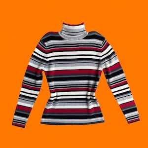 90's 00's vintage red black gray and white striped ribbed turtleneck y2k long sleeve blouse top XL great northwest clothing company