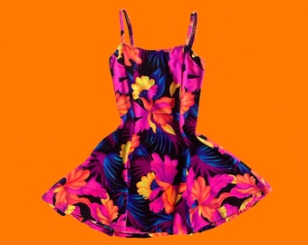 90's vintage vibrant neon floral print fit and flare skater girl swim micro mini dress XS