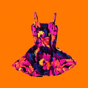 90's vintage vibrant neon floral print fit and flare skater girl swim micro mini dress XS