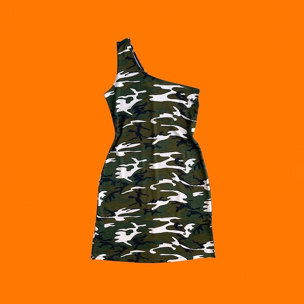 90's 00's vintage green camo camouflage one shoulder y2k bodycon dress LARGE finesse