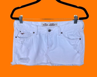 00's vintage white denim 100% cotton distressed frayed y2k low rise micro mini skirt Size 5 hollister