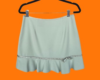 90's vintage pastel sage green satin trim bowtie high waisted mini skirt Size 9 byer too!