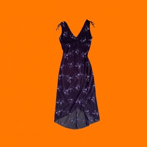 90's vintage dark purple lavender glittery floral print chiffon lined surplice double v asymmetrical dress SMALL ruby rox
