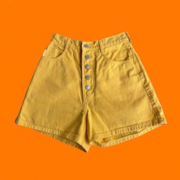 90's vintage yellow denim 100% cotton button fly high waisted shorts Size 5 XS bongo