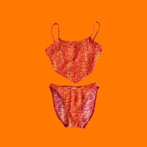 00's vintage orange metallic wet look snake reptile print asymmetrical y2k tankini bikini Malibu Dream Girl Size 3 XS