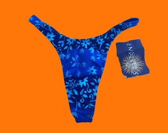 90's vintage blue textured waffle knit floral print hi cut high leg thong bikini bottoms SMALL endless sun *deadstock*
