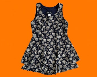 90's vintage navy blue frilly layered floral print chiffon overlay sleeveless mini dress Size 7/8 all that jazz