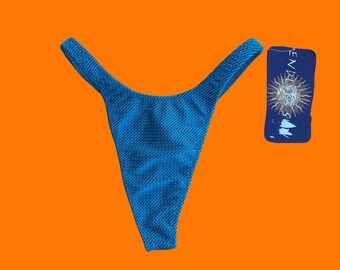 90's vintage blue chevron knit textured hi cut high leg thong bikini bottoms SMALL endless sun *deadstock*