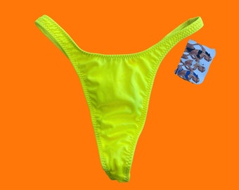 90's vintage neon yellow hi cut high leg thong bikini bottoms MEDIUM california waves *deadstock* *flaw*