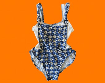 90's vintage ivory ribbed blue abstract floral overall one piece bathing suit Size 13/14 backflips