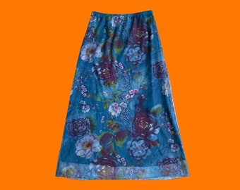 90's vintage blue mesh digital floral photo print maxi skirt MEDIUM