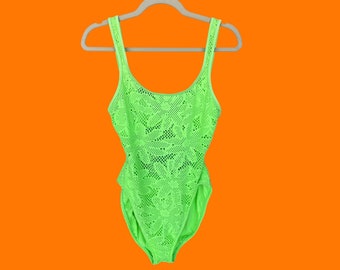 90's vintage neon green floral crochet semi sheer peekaboo hi cut high leg open back one piece bathing suit Size 13/14 sassafras