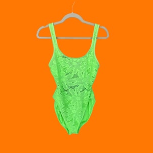 90's vintage neon green floral crochet semi sheer peekaboo hi cut high leg open back one piece bathing suit Size 13/14 sassafras