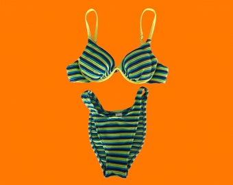 90's vintage neon striped textured hi cut high leg bikini MEDIUM citrus