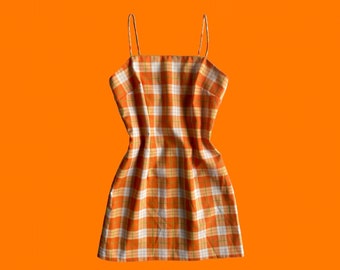 90's vintage orange white and green plaid spaghetti strap bodycon mini dress SMALL xoxo